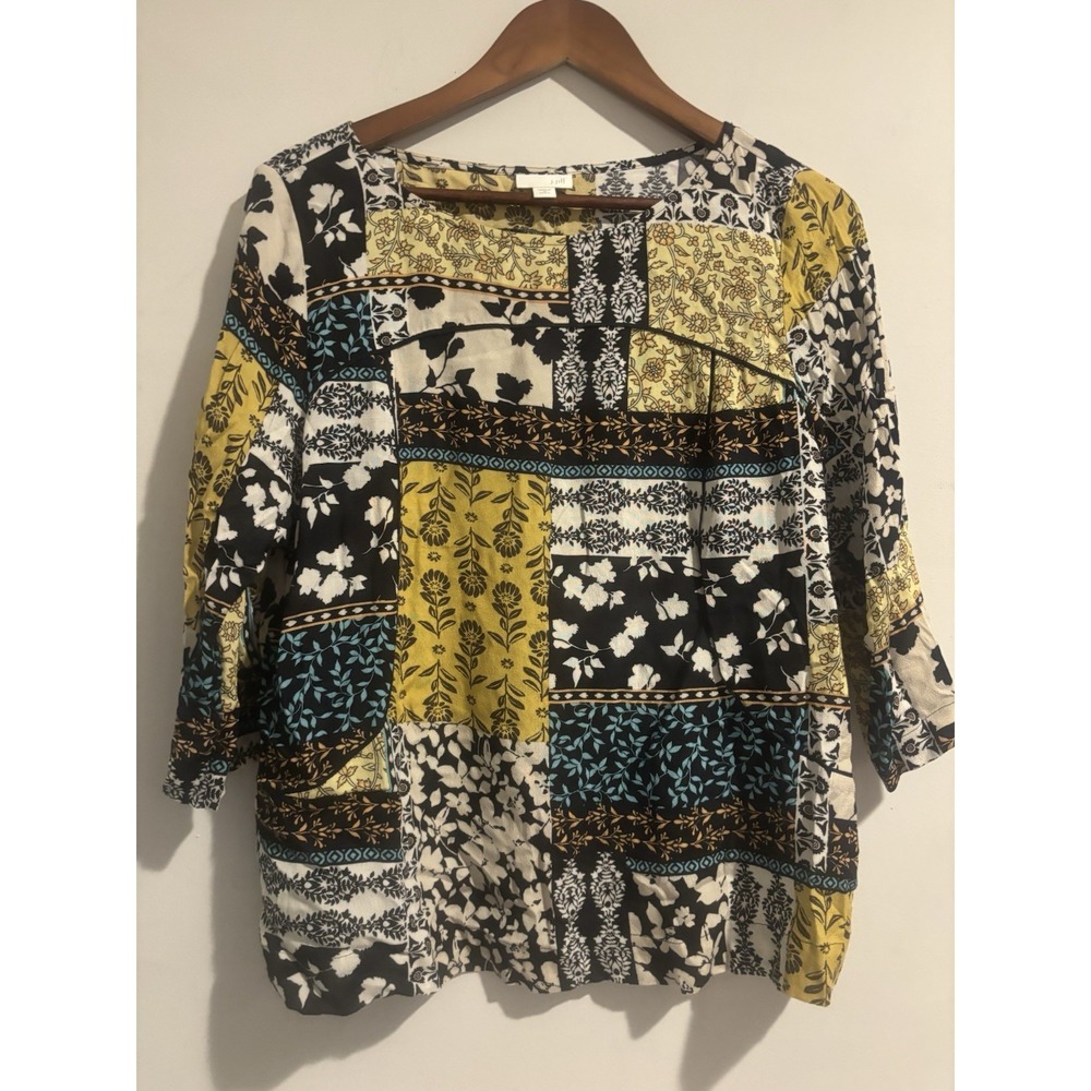 J Jill‎ Top Women's Medium Patchwork Floral 3/4 Sleeve Pullover Artsy Boho